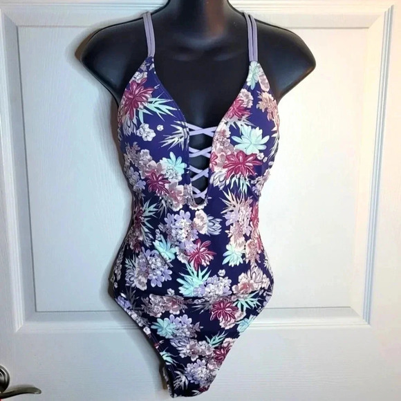 Ambrielle One Piece Floral Corset Back Swimsuit - Picture 1 of 11
